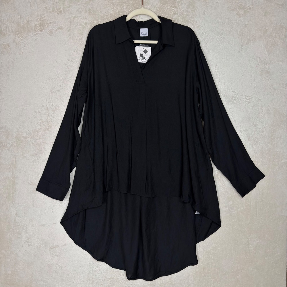 NWT Black Oversized High Low Tunic Blouse Lagenlook Minimalist Top Plus 2X